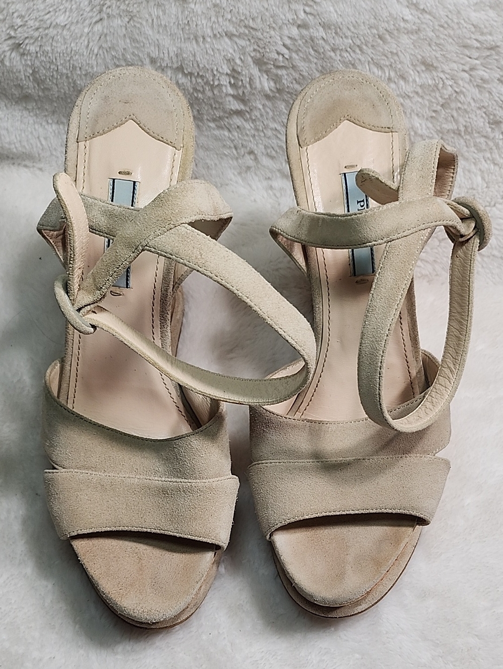 Prada Beige Suede Crisscross Wedge/Platform Sandals Size 9.5